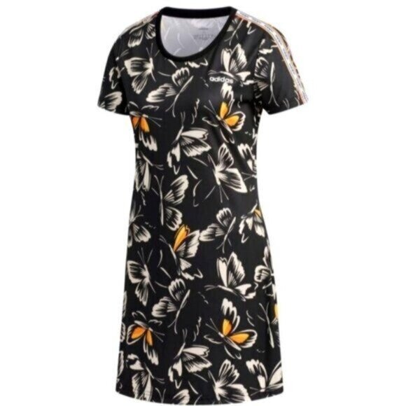 ADIDAS Farm Rio T-Shirt Dress Black Floral Butterfly Print Sporty Athleisure - Picture 10 of 13
